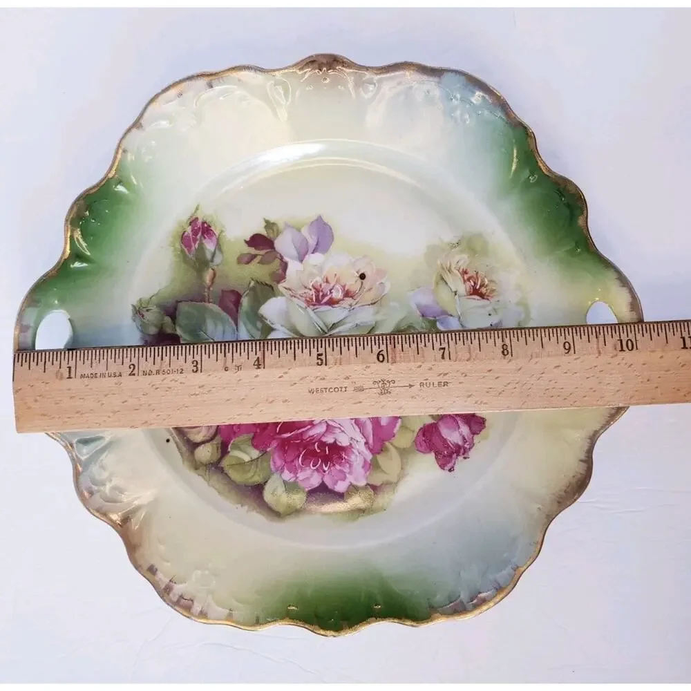 Vintage Hand‎ Painted Handled Cake Dessert Plate Green w/ Pink Roses Germany